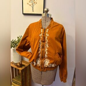 Embroidered Rust Bomber Jacket - Women's Boxy Fit Ribbed Waist Boho Zip Up M/L